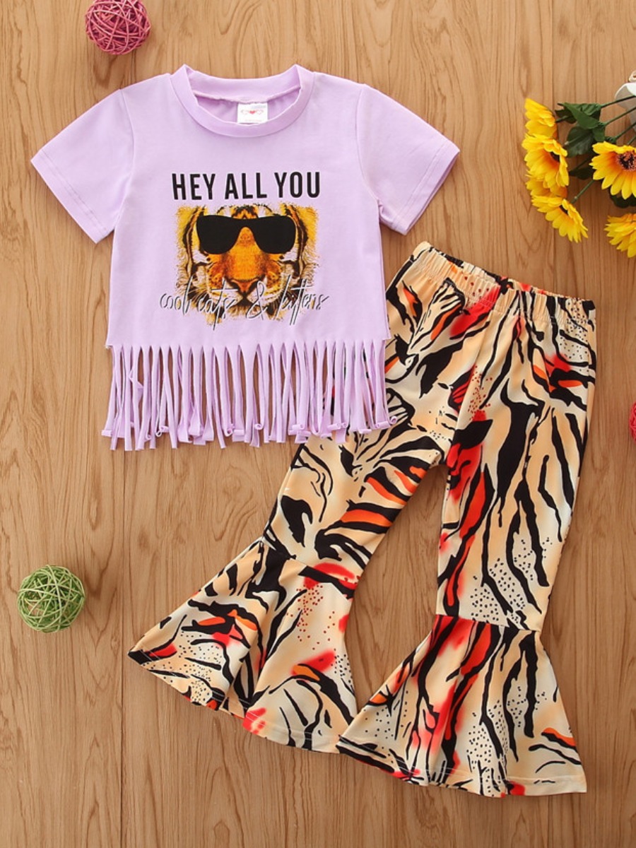 

Lovely Street Letter Print Tassel Design Flared Light Purple Girl Two Piece Pants Set