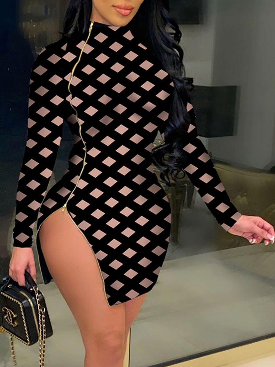 

Lovely Sweet Geometric Print Zipper Design Black Mini Dress