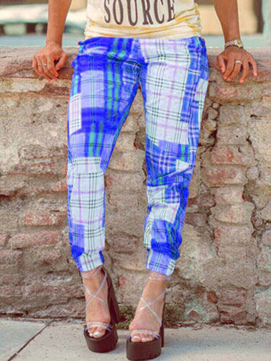 Lovely Casual Mid Waist Plaid Print Patchwork Blue Pants
