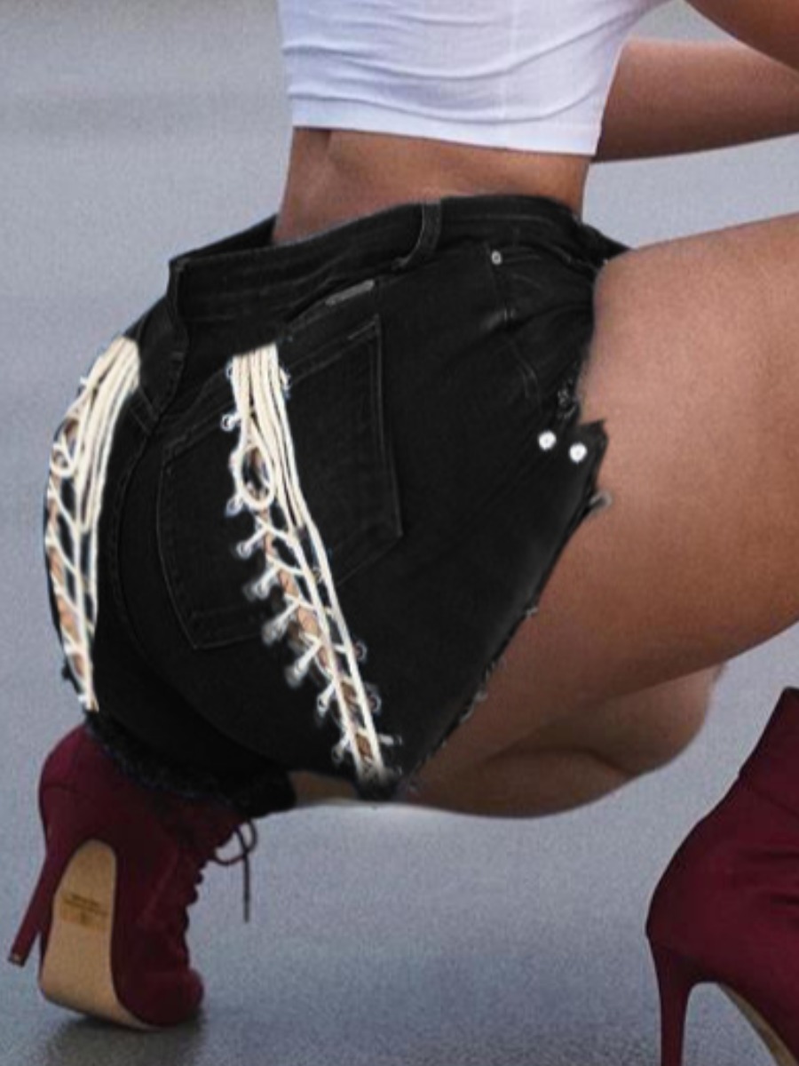 

Lovely Chic Bandage Hollow-out Design Raw Edge Black Denim Shorts