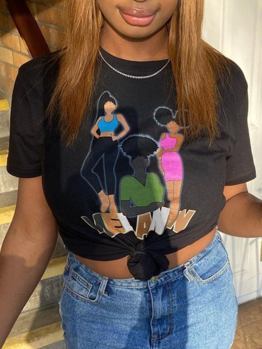 

Lovely Casual O Neck Graffiti Print Black T-shirt