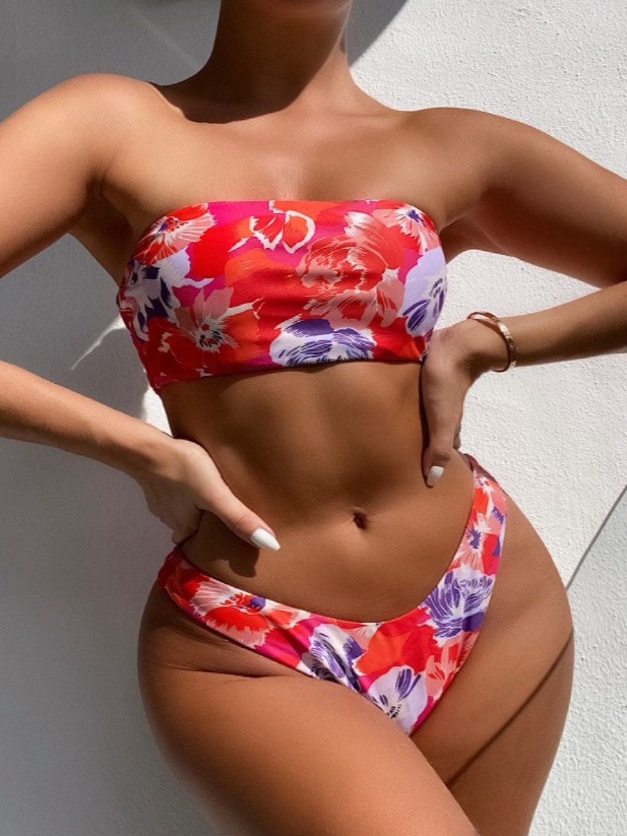 

Lovely Sweet Off The Shoulder Print Patchwork Red Two-piece Swimsuit