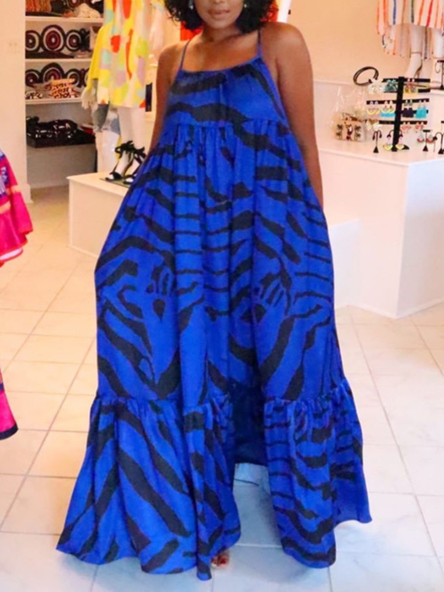 

Lovely Plus Size Boho Striped Ruffle Design Blue Floor Length A Line Dress