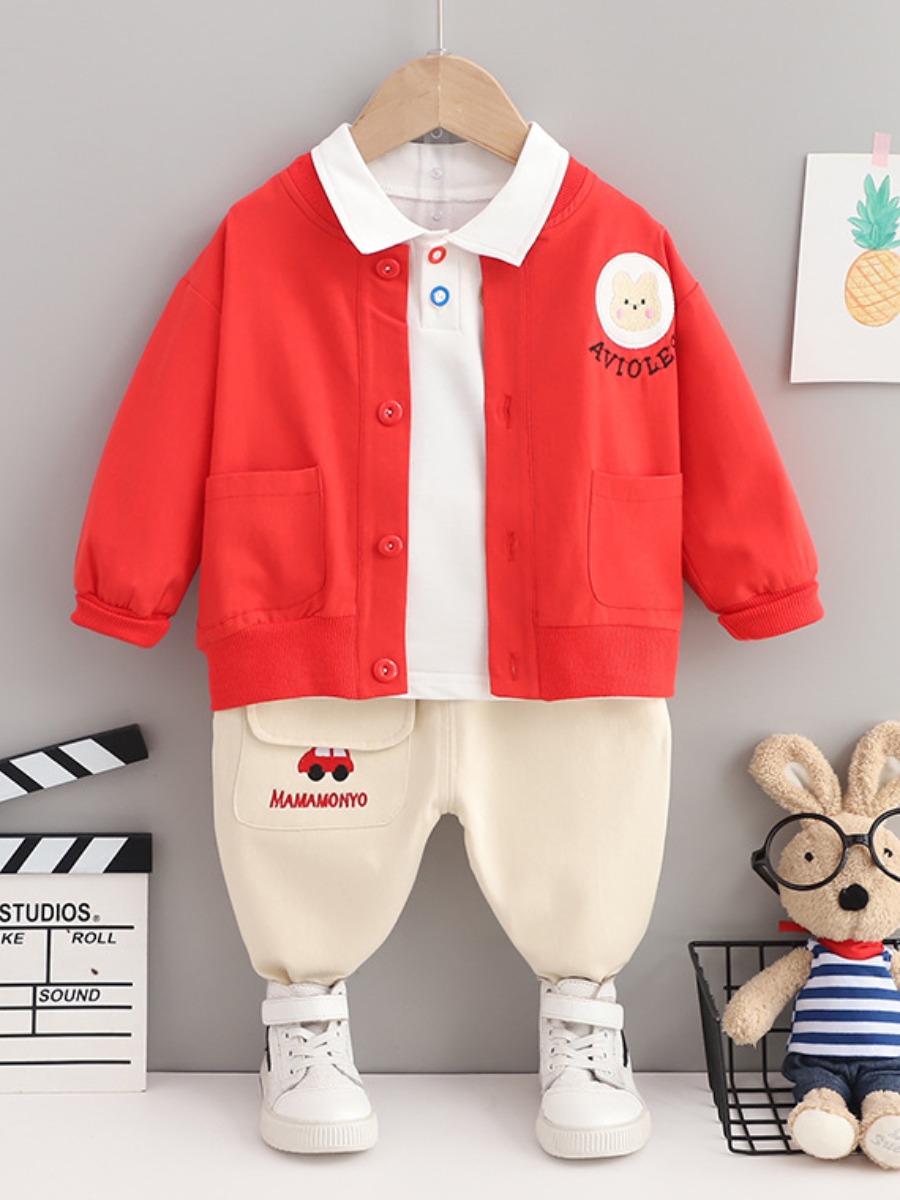 

Lovely Casual Letter Print Button Design Patchwork Red Boy Two Piece Pants Set