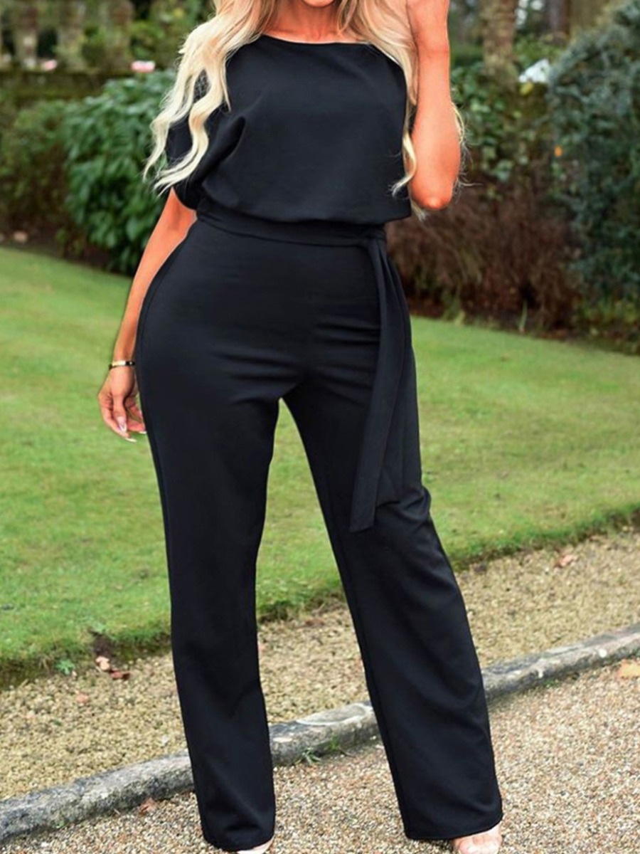 

Lovely Plus Size Business O Neck Lace-up Black One-piece Jumpsuit