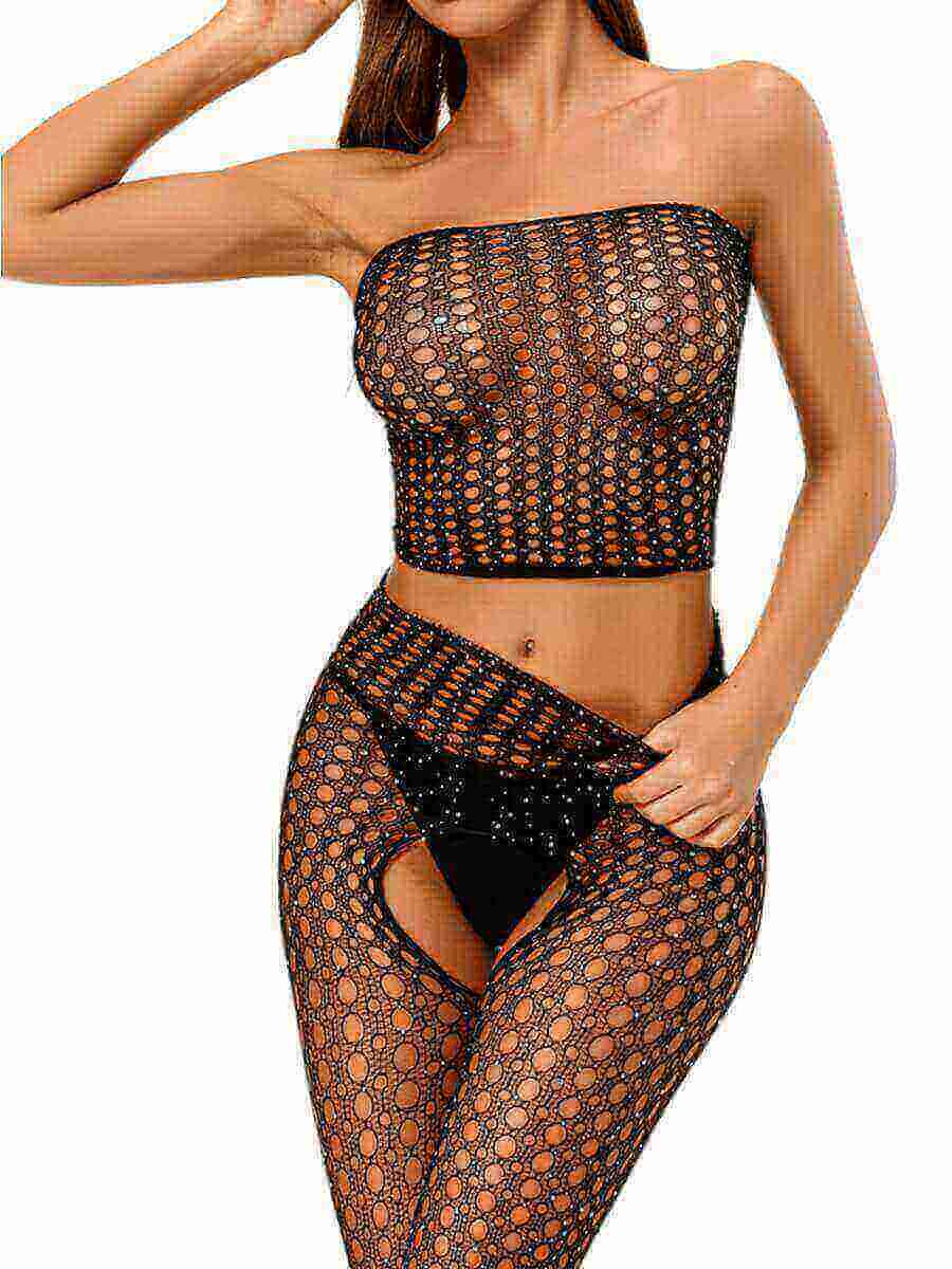 

Lovely Sexy Off The Shoulder Sequined See-through Black Bodystocking