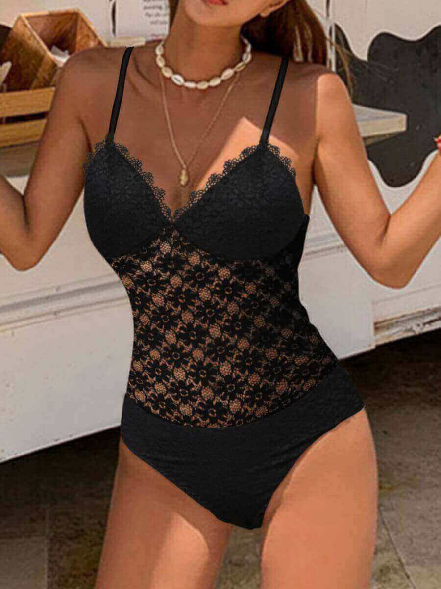 

Lovely Sweet V Neck Mesh Black Teddies