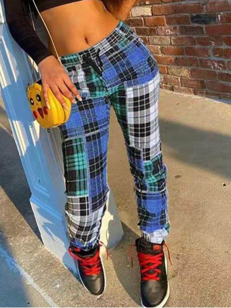 

LW COTTON Street Plaid Print Patchwork Blue Pants