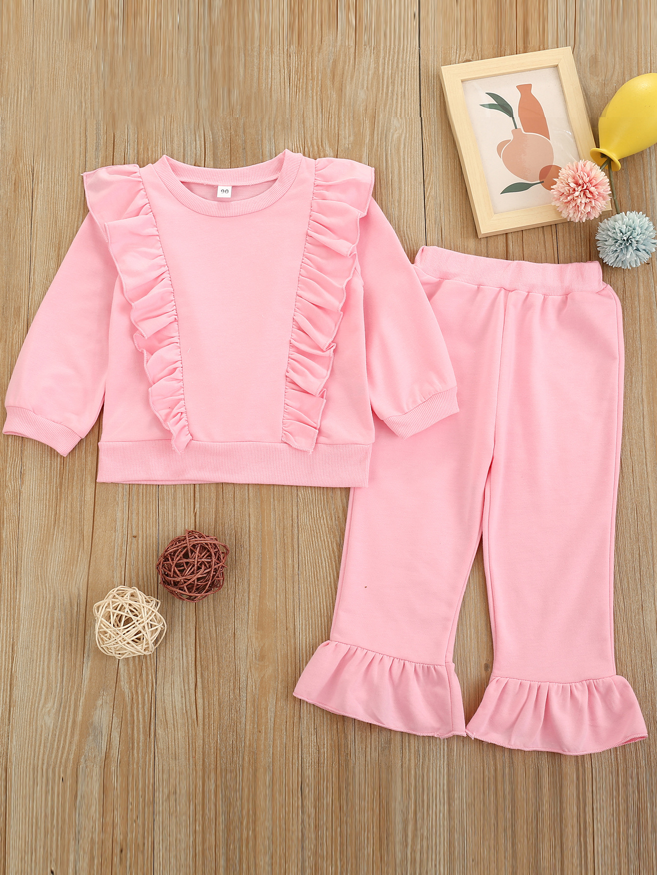 

Lovely Girl Casual Flared Flounce Design Pink Two Piece Pants Set