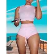 Lovely Casual High-waisted Drawstring Pink Tankini