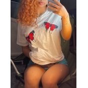 Lovely Casual O Neck Butterfly Print White T-shirt