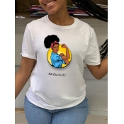 Lovely Casual O Neck Cartoon Letter Print White Pl
