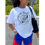 Lovely Casual O Neck Letter Print White T-shirt