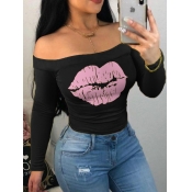 Lovely Casual Off The Shoulder Lip Print Black T-s