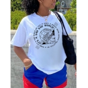 Lovely Casual O Neck Letter Print White Plus Size 