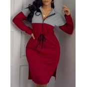 Lovely Casual Drawstring Side Slit Patchwork Red K