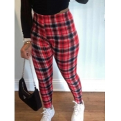 Lovely Casual Elastic Waist Plaid Print Red Pants