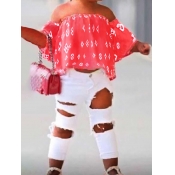 Lovely Girl Casual Geometric Print Broken Holes Re