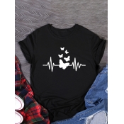 Lovely Plus Size Casual O Neck Butterfly Print Bla