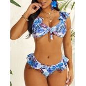 LW Casual Flounce Design Floral Print Blue Tankini