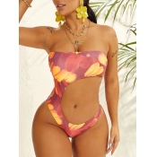 LW Casual Gradient Hollow-out Red One-piece Swimsu