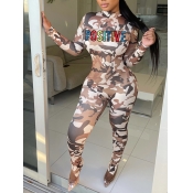 LW Trendy Letter Camo Print Brown One-piece Jumpsu