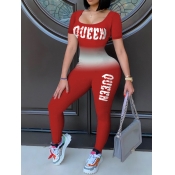 Lovely Trendy Gradient Letter Print Red One-piece 