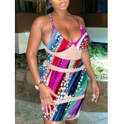 LW SXY Trendy U Neck Print Patchwork Pink Mini Dre