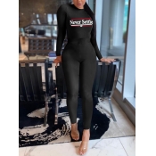 Lovely Sportswear O Neck Letter Print Black One-pi