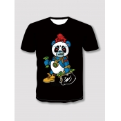 Lovely Boy Casual O Neck Cartoon Print Black T-shi