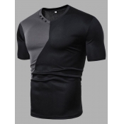 Lovely Men Work V Neck Patchwork Black T-shirt