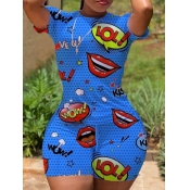 Lovely Casual O Neck Lip Letter Print Blue Two Pie