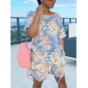 Lovely Casual O Neck Tie Dye Pink Two Piece Shorts