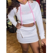 LW BASICS Casual Hooded Collar Letter Print White 