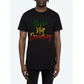 Lovely Men Casual O Neck Letter Print Black T-shir