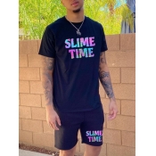 LW Men Casual O Neck Letter Print Black Two Piece 
