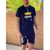 LW Men Casual Crown Letter Print Black Two Piece S