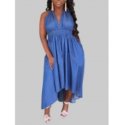 Lovely Casual V Neck Backless Blue Floor Length De