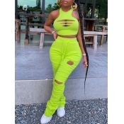 LW Street Broken Holes Fold Design Green Two Piece