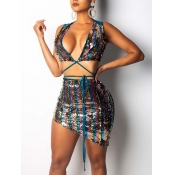 Lovely Sexy Striped Sequined Blue Two-piece Skirt 