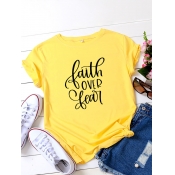 Lovely Plus Size Casual O Neck Letter Print Yellow