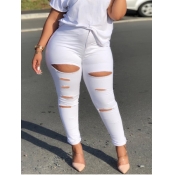 Lovely Plus Size Casual Mid Waist Broken Holes Whi