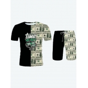 LW Men Money Letter Print Patchwork Shorts Set