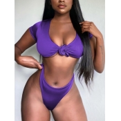 LW Casual U Neck Bandage Design Purple Tankini