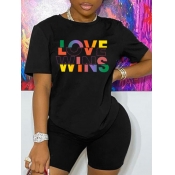 Lovely Trendy Valentines Day Letter Print Black T-