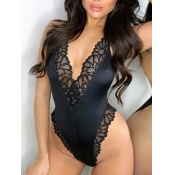 Lovely Sexy Backless Lace Patchwork Black Teddies