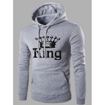 

LW Men Street Hooded Collar King Print Hoodie, Light grey