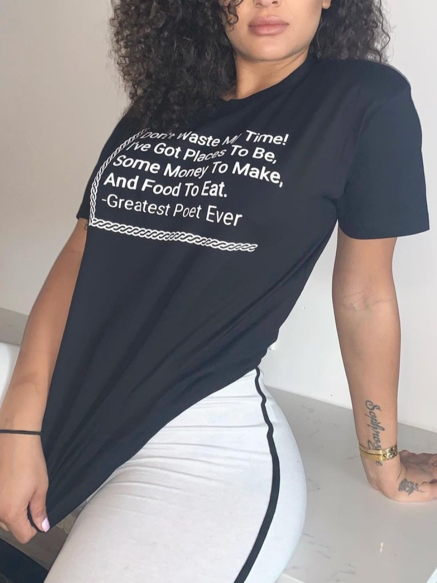 

Lovely Casual O Neck Letter Print Black Plus Size T-shirt
