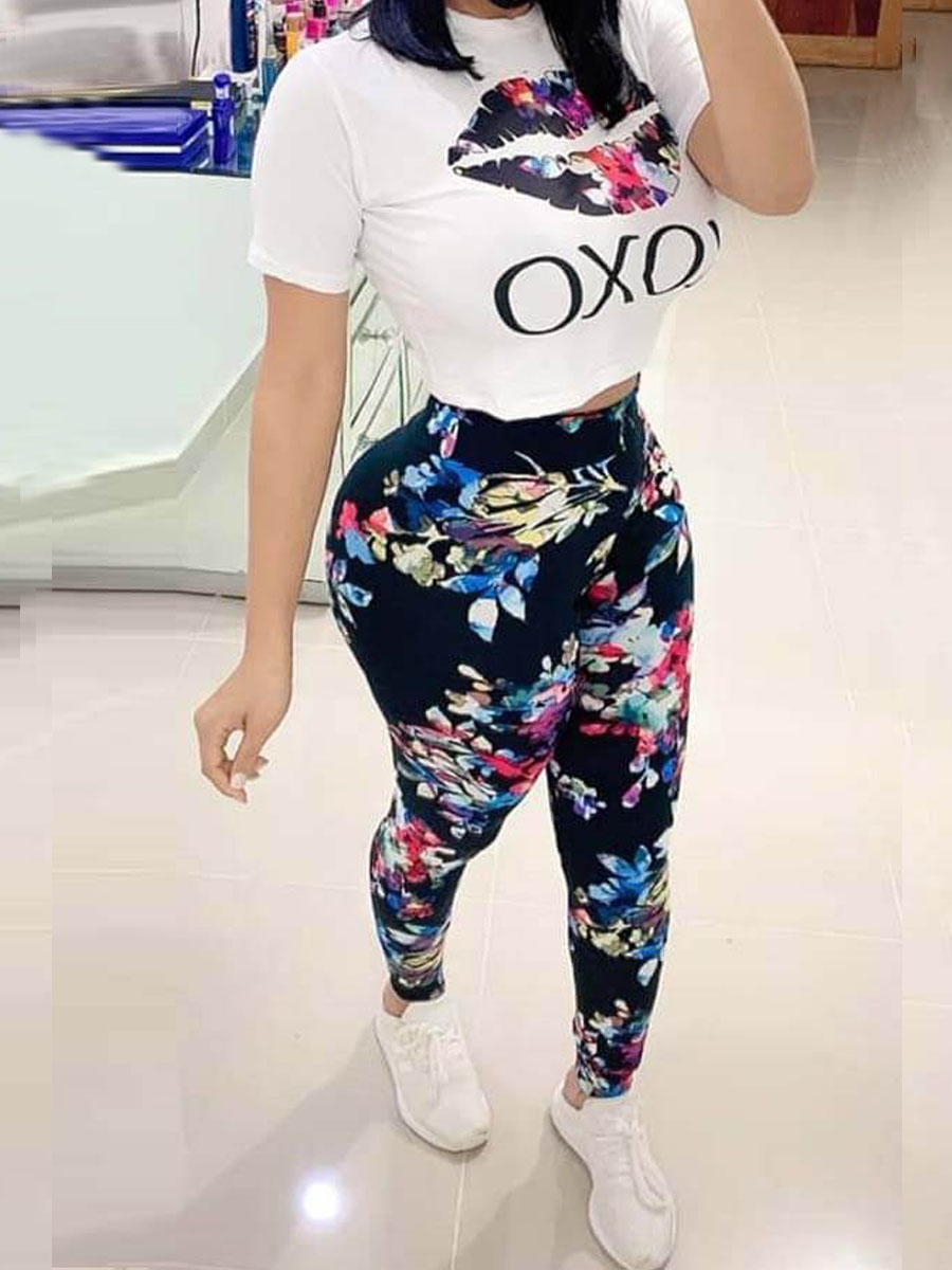 

LW Casual O Neck Print Black Two-piece Pants Set