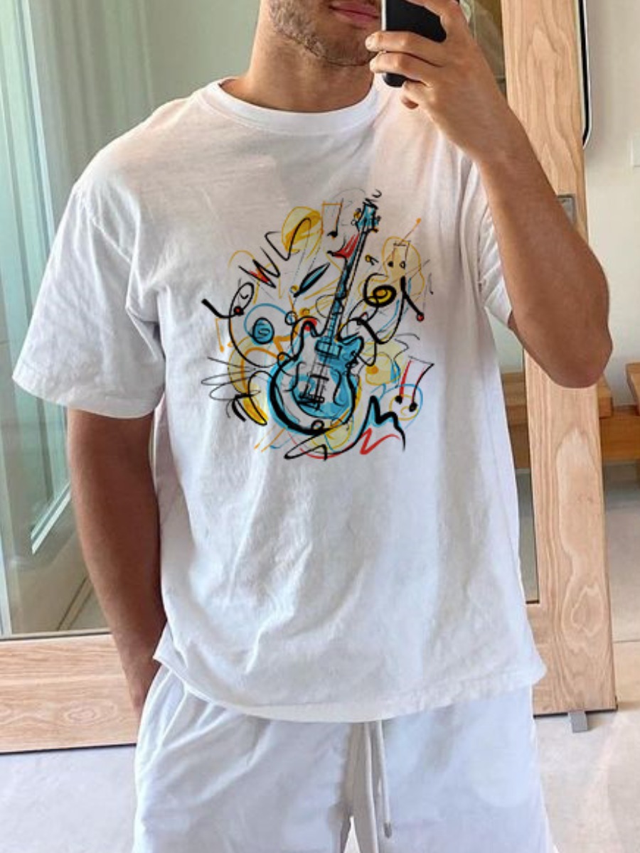 

Lovely Casual O Neck Guitar Print White Men T-shirt